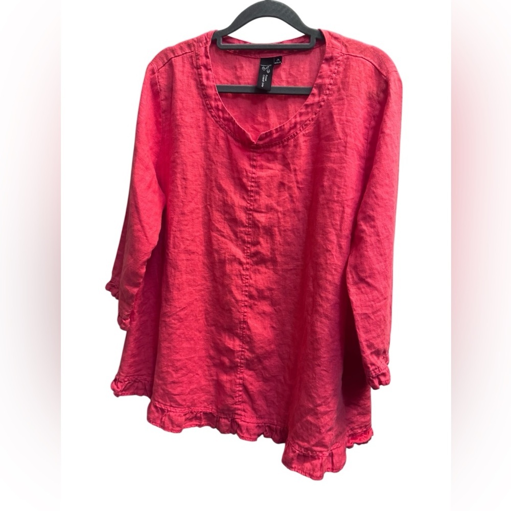 LINEN FOCUS CASUAL LIFE Coral Women's Short Sleeve Shirt V Neck Ruffle SZ M EUC